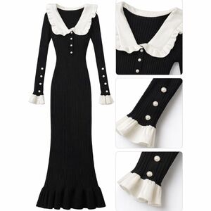 Chic Black Ribbed Midi Dress with White Ruffle Collar-Cotton Blend